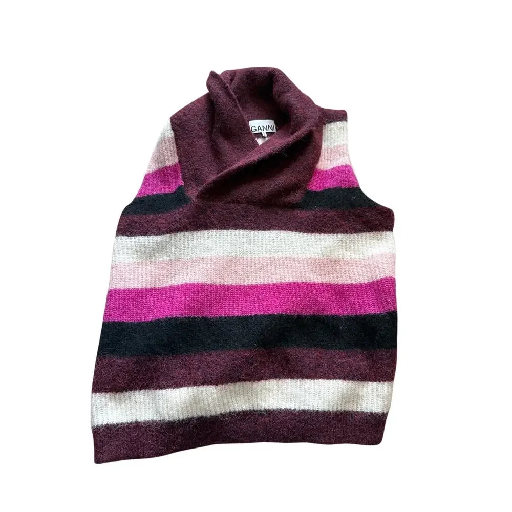 GANNI Alpaca Wool Blend Striped Cowl Neck Sweater Vest Size L